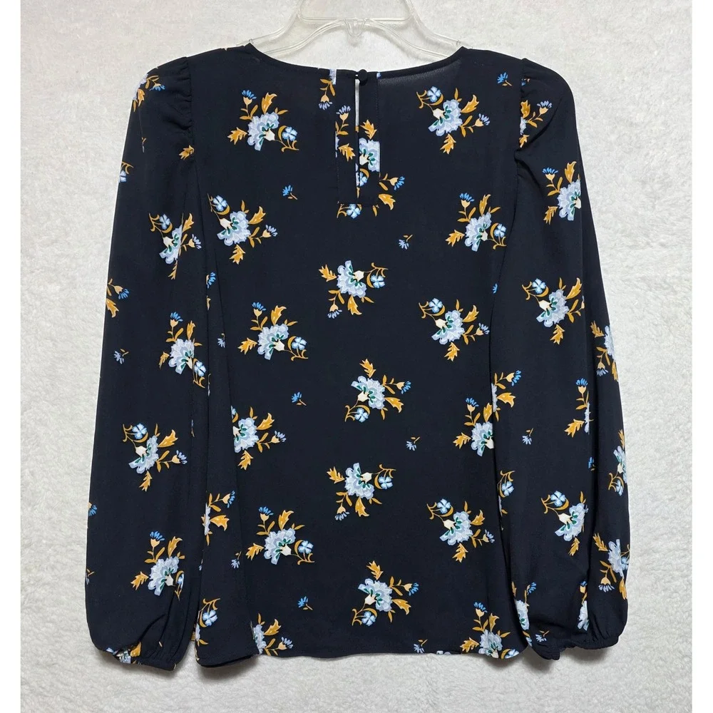 LOFT Navy Blue Floral Puff Sleeve Blouse XXS Crew Neck Keyhole Back Top
